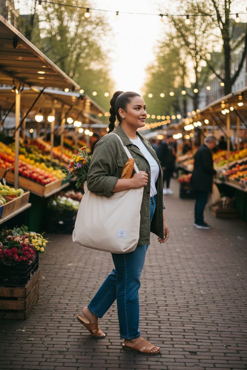 KALIDI cream white corduroy tote bag at a vibrant farmers' market, showcasing its casual style.