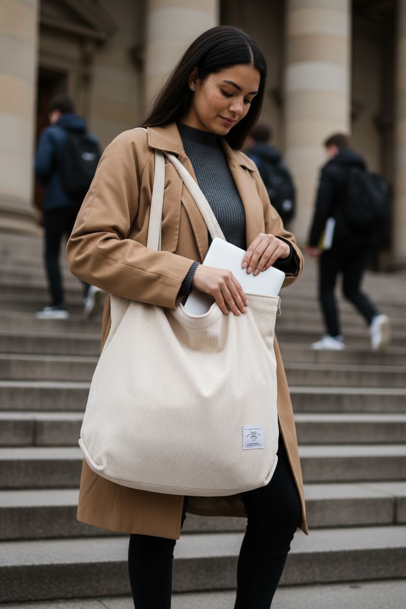 KALIDI cream white corduroy tote bag on library steps, perfect for carrying a laptop with ease.