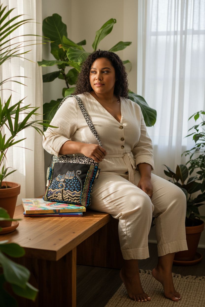 Laurel Burch cat purse in a sunlit reading nook, showcasing its unique design.