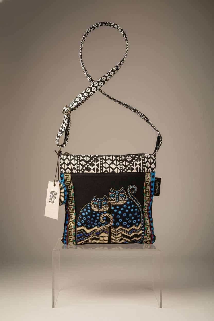 Product-focused shot of Zeckos cat purse, highlighting zipper and graphic strap.