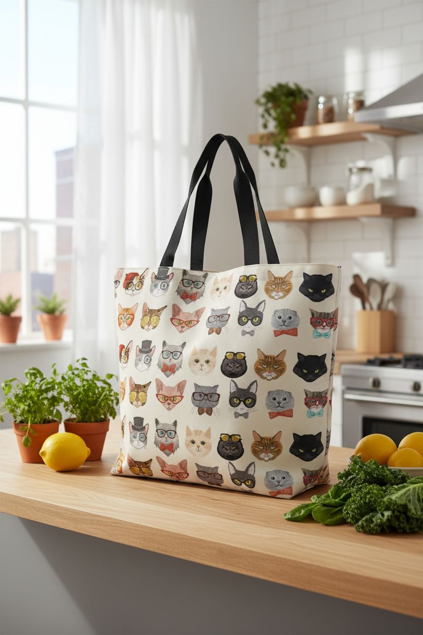 bositigo cat tote bag on a kitchen island surrounded by fresh ingredients, perfect for grocery shopping