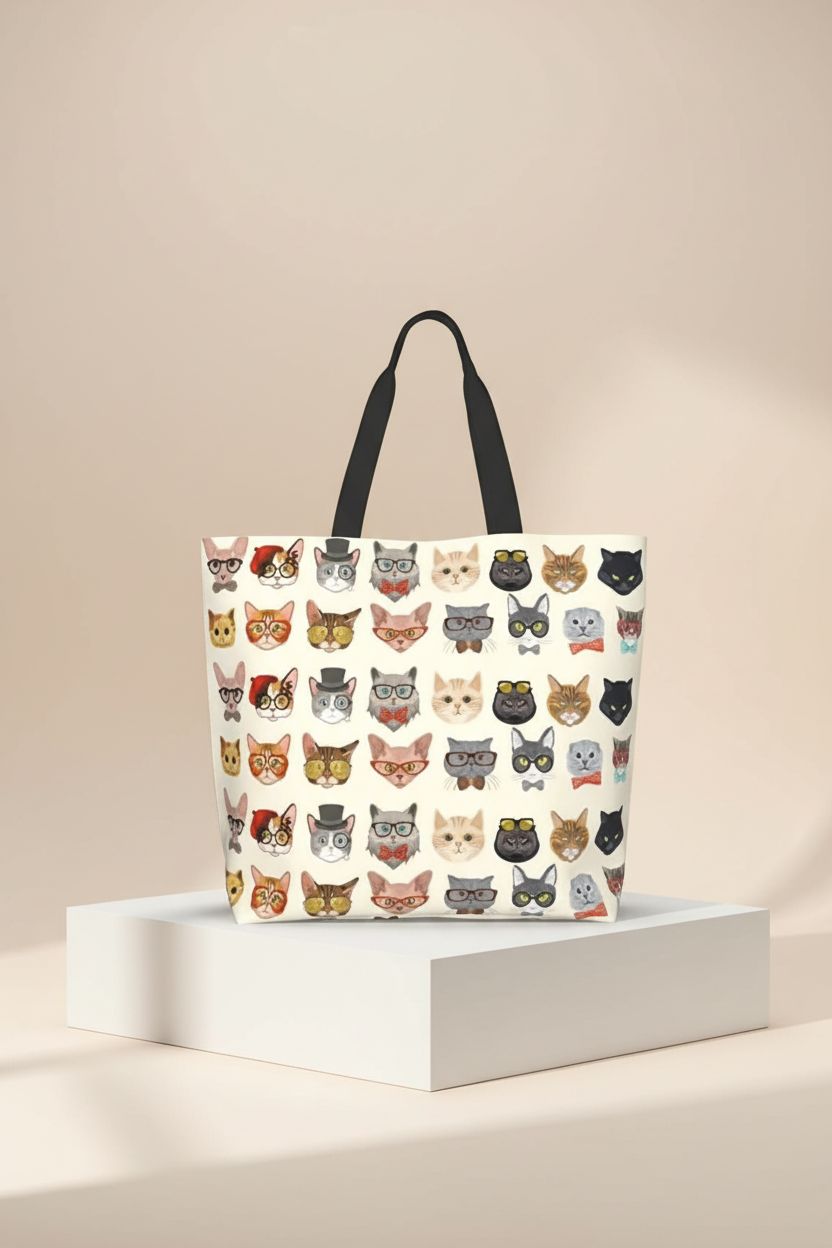 bositigo cat tote bag on a studio backdrop, showcasing print quality and sturdy design, perfect for cat lovers