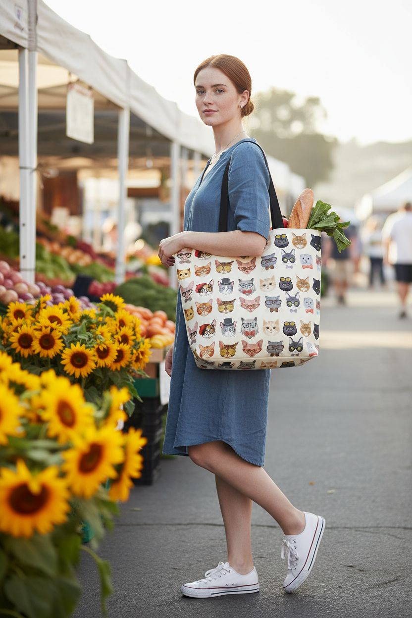bositigo cat-print tote bag at a sunny market, filled with greens and baguette, perfect for shopping