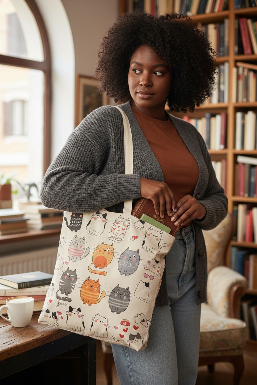 DOOX cat tote bag with vibrant double-sided print in cozy bookstore setting