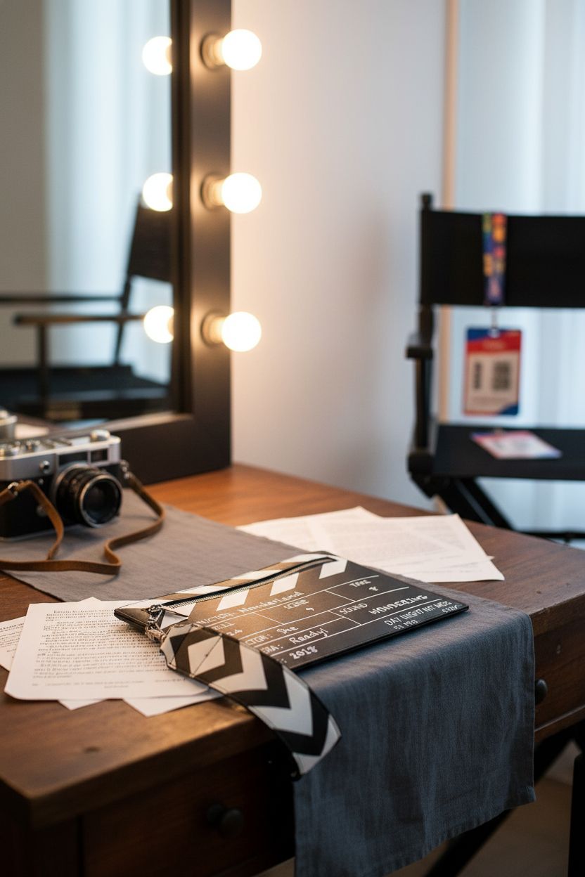ModaBay clapperboard bag on a vintage dressing room vanity with warm lighting.