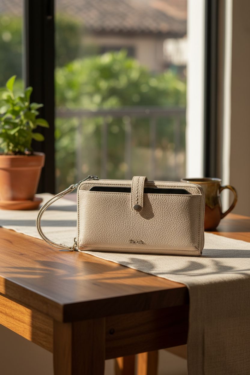 The Sak Iris Smartphone Crossbody Purse resting on a warm café table, blending style with everyday comfort.