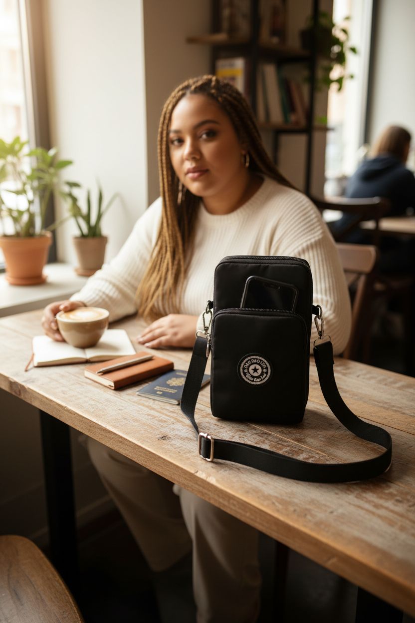 Cozy setting with JANKS nylon bag next to a latte, highlighting its stylish design and usability.