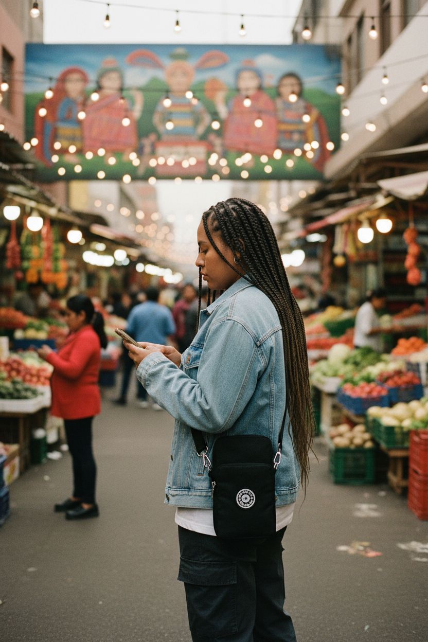 JANKS cell phone purse worn crossbody, perfect for market strolls with hands-free convenience.
