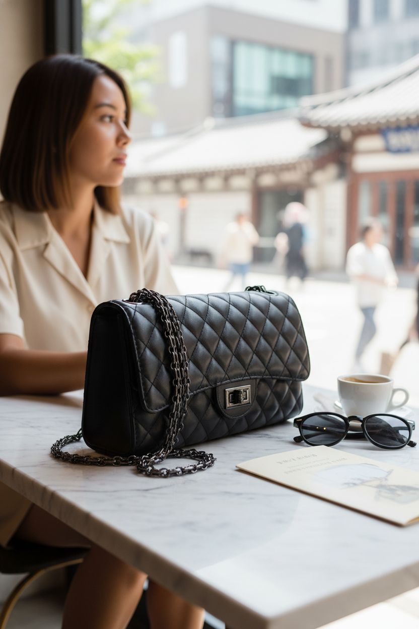 Gladdon black quilted bag on a marble table with brunch items, showcasing stylish weekend vibes.