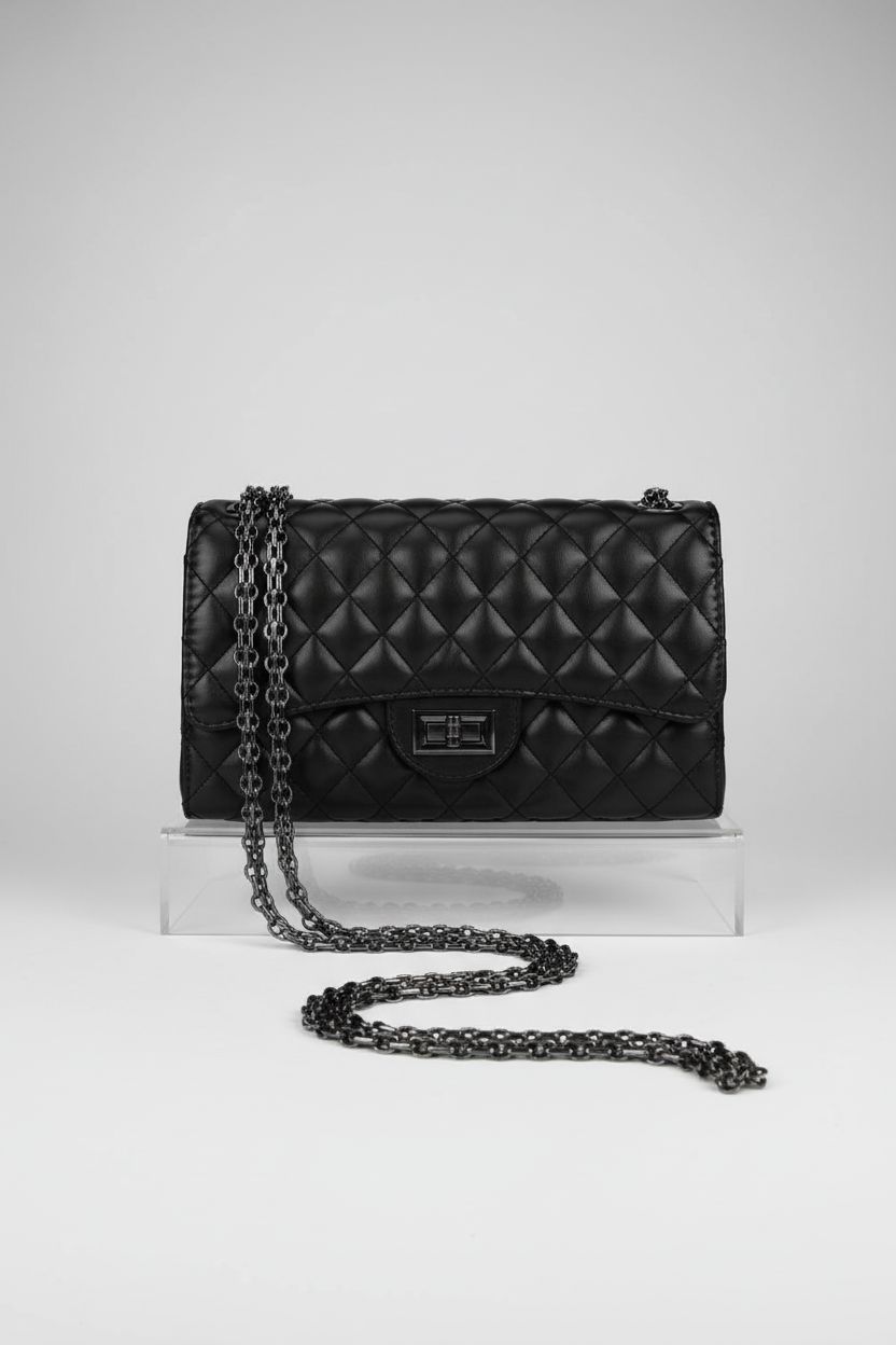 Gladdon elegant black quilted shoulder bag displayed to highlight its chain and design features.