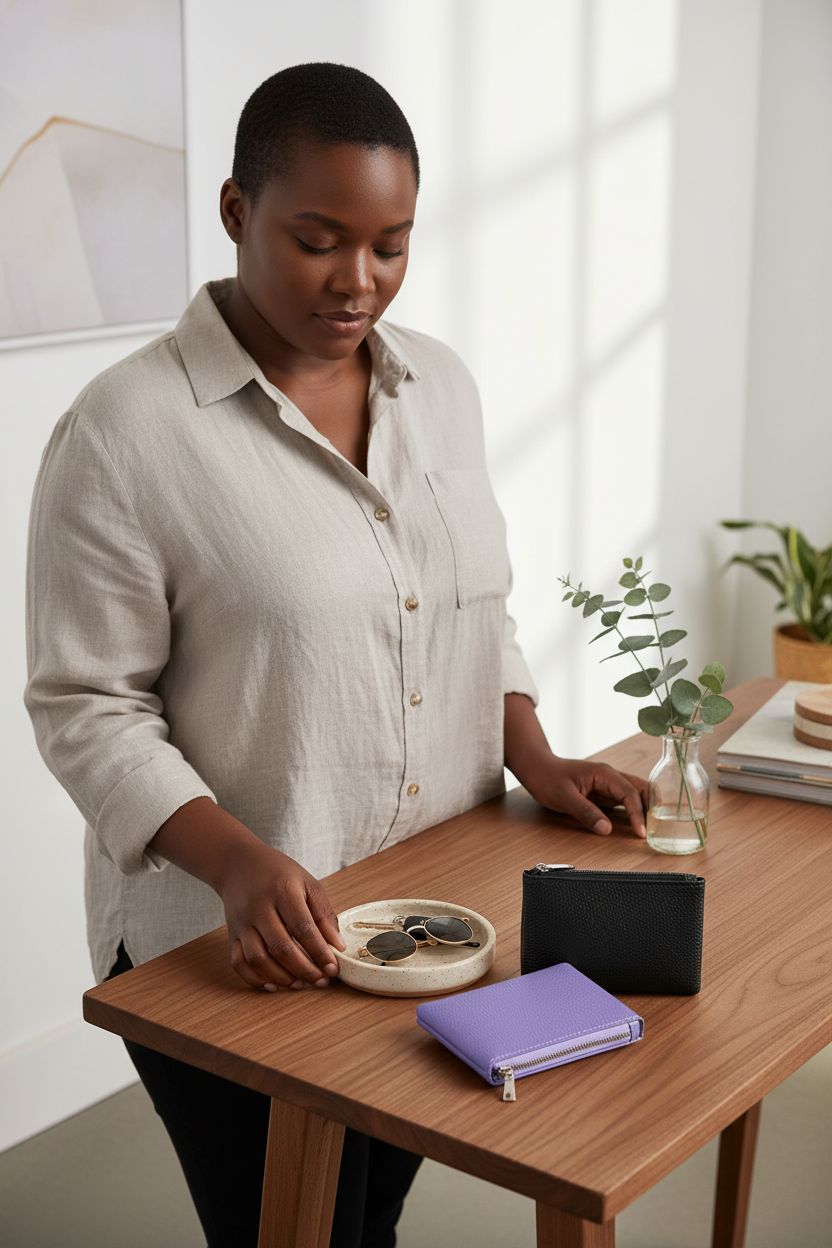 Thinp black and purple coin purses on a tidy console, perfect for organized living.