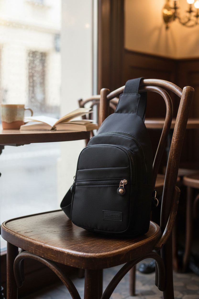 EVANCARY sling bag resting on a café table next to a mug and a book, highlighting its style