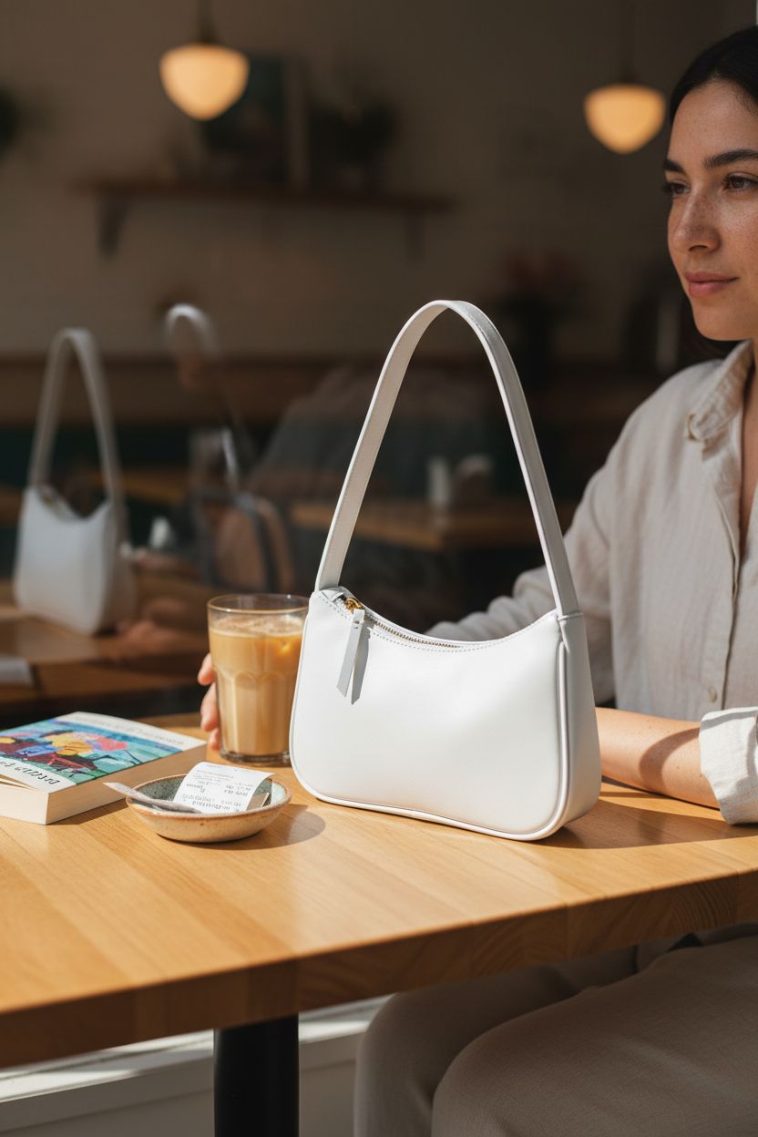 Brymthy white mini clutch purse resting beside coffee and book at a cozy café, enhancing relaxed vibes.