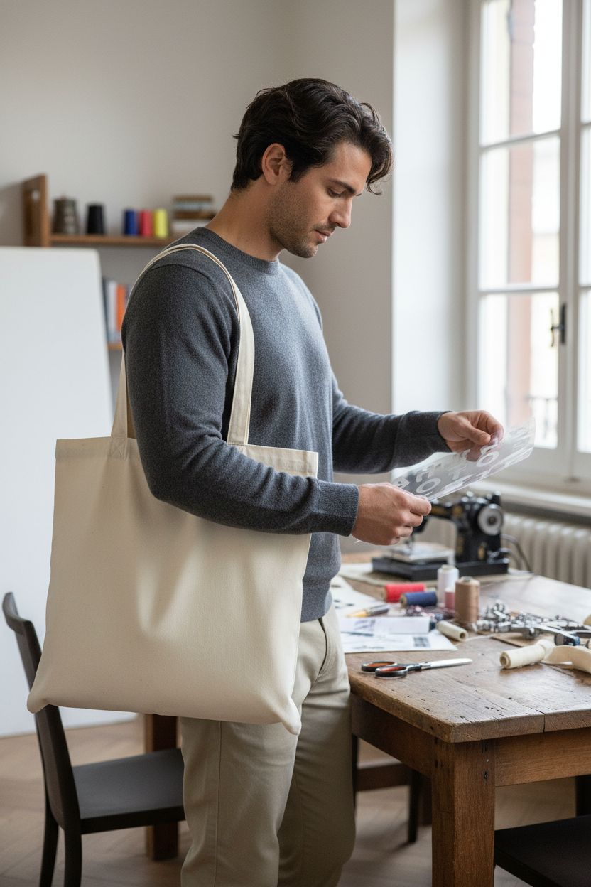Close-up of Carbrea beige canvas tote bag being personalized, perfect for DIY activities