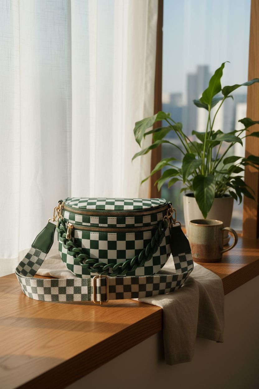 ZAIBAO checkered green bag in a cozy nook, showcasing its stylish design and texture
