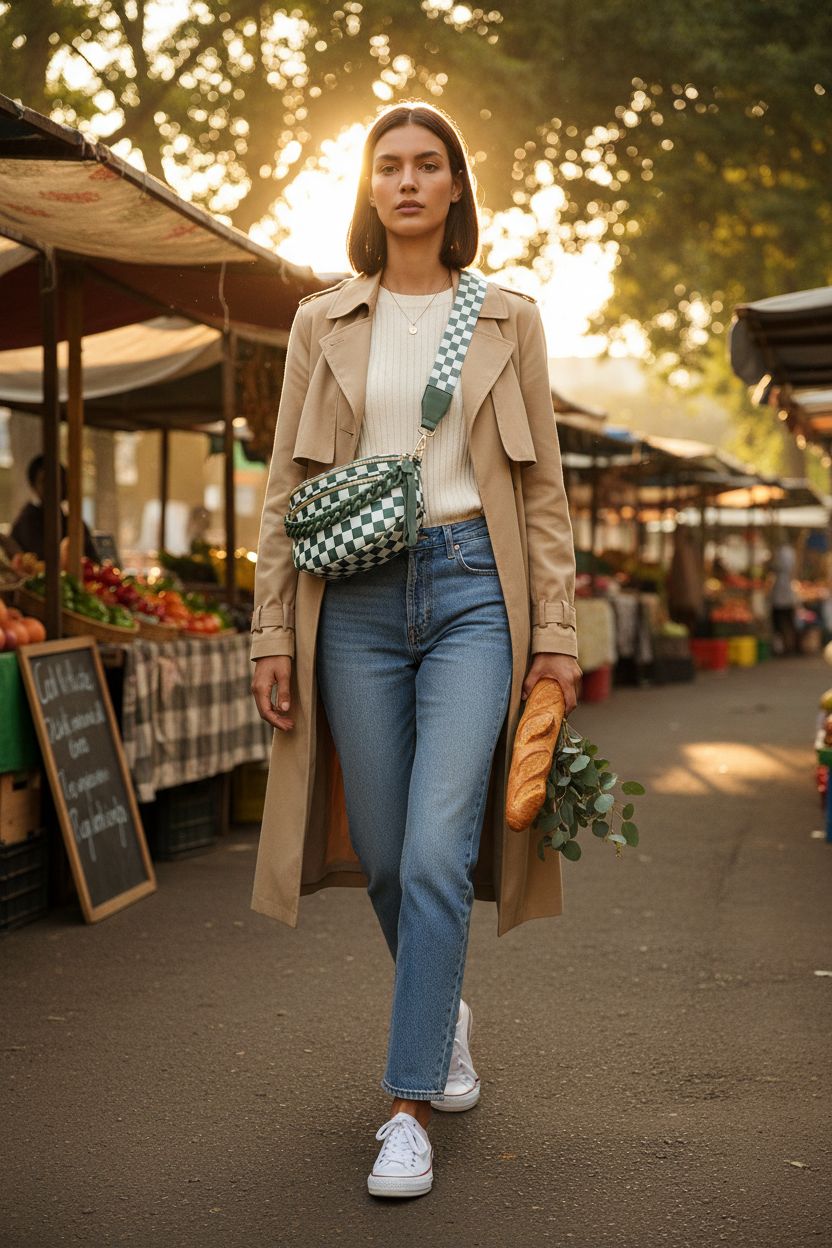 ZAIBAO checkered green crossbody bag carried at a vibrant market, perfect for outings