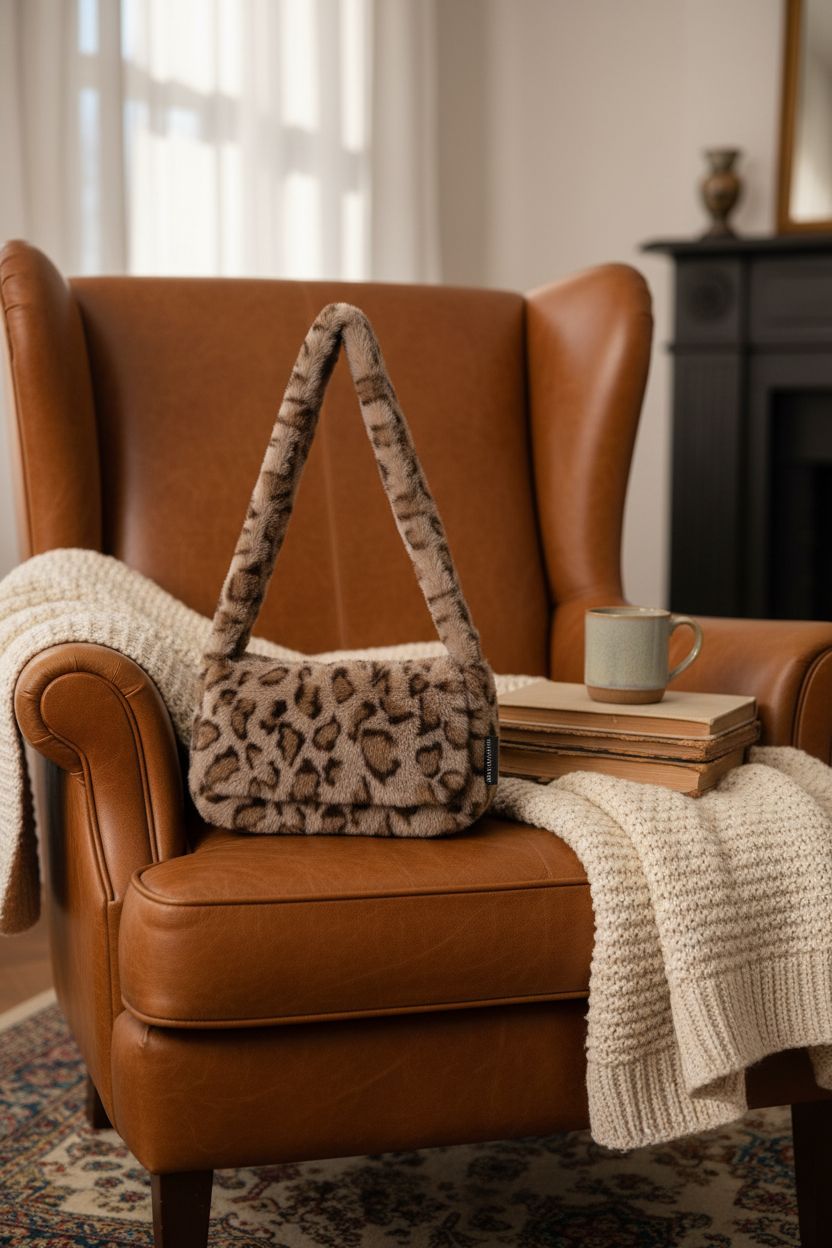 KUANG! plush hobo bag resting on a cozy armchair with warm decor
