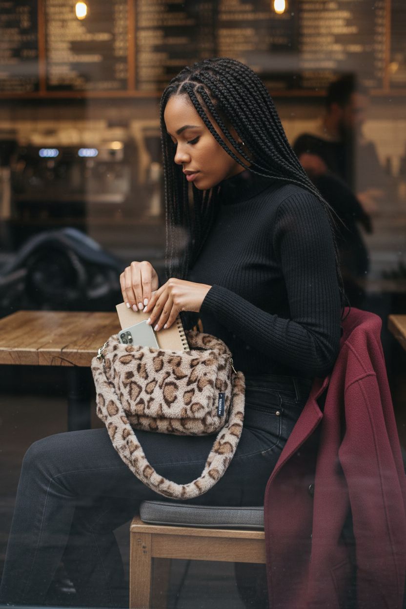 KUANG! leopard print hobo bag open with notebook in cozy café setting