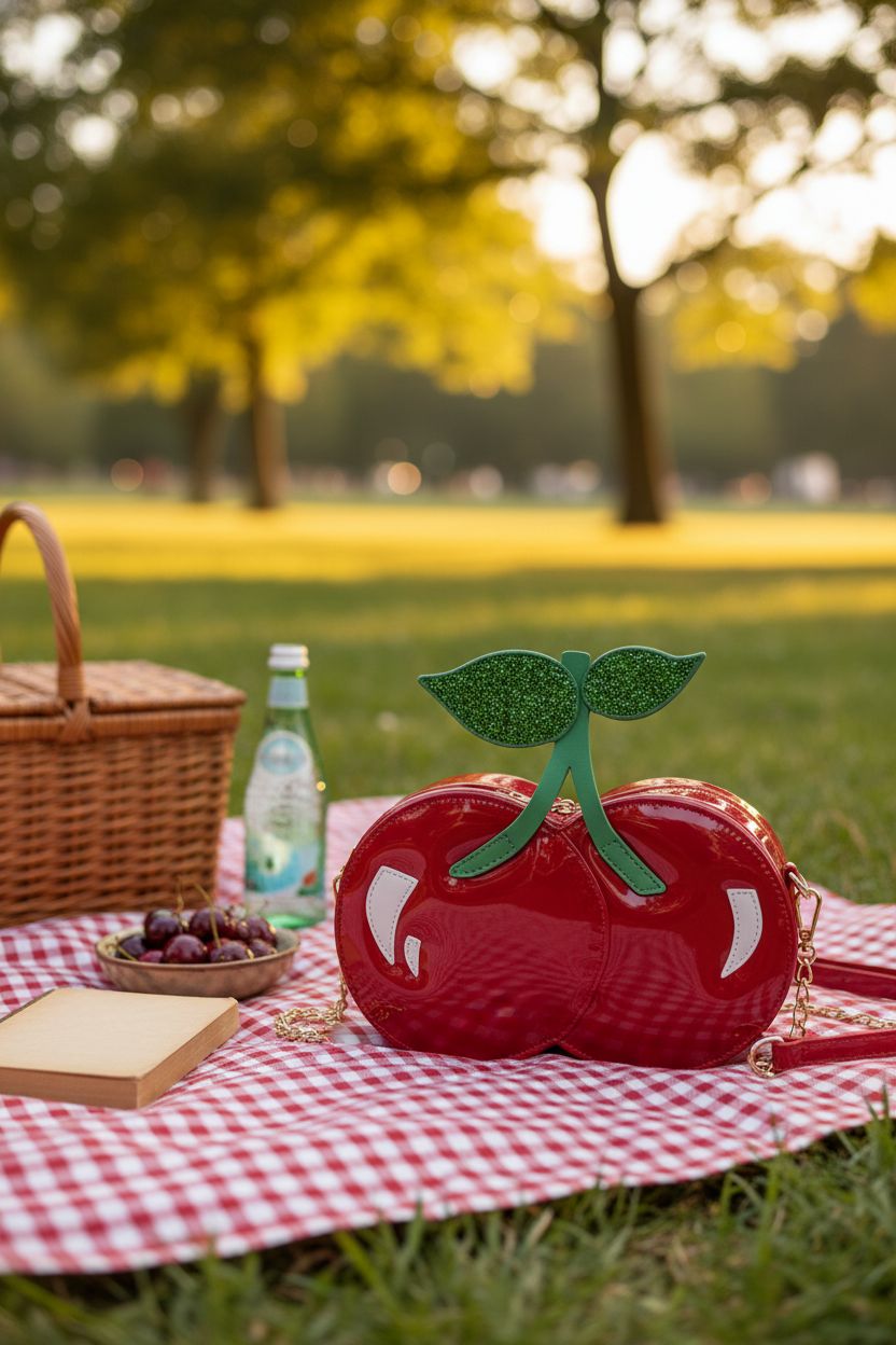 ENJOININ cherry bag on a picnic blanket with fresh cherries and a sparkling drink, perfect for summer outings.