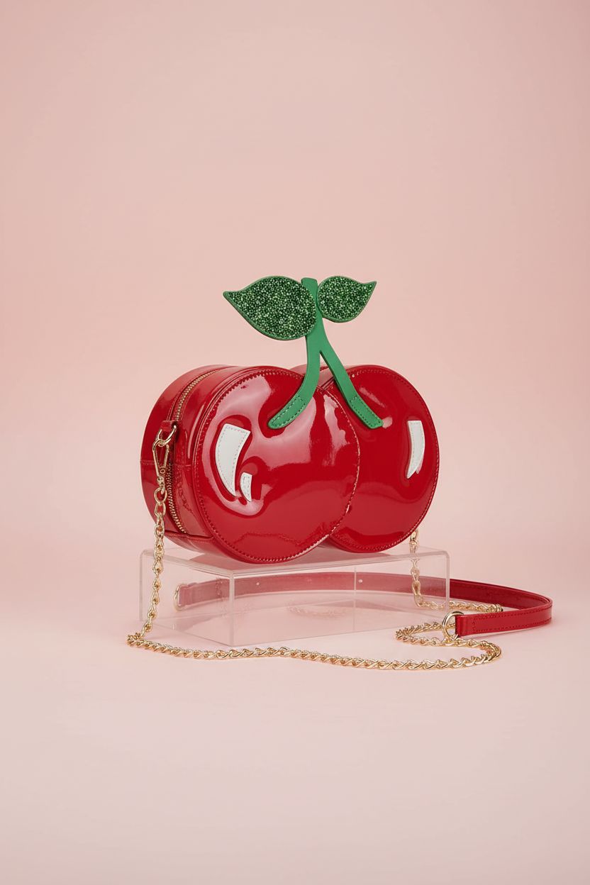 Close-up of ENJOININ cherry purse against a pastel backdrop, showcasing its high-gloss vegan leather.