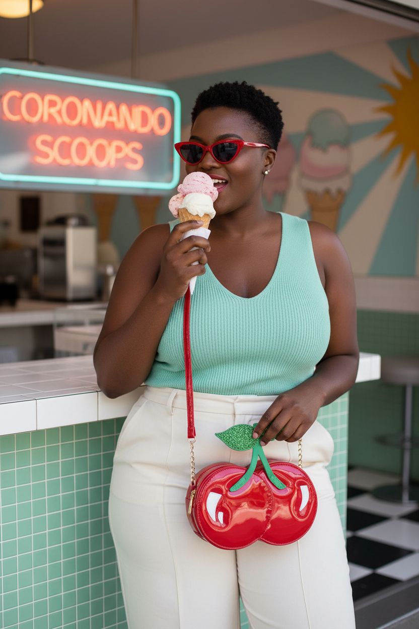 ENJOININ red cherry crossbody bag showcased in a retro setting, perfect for stylish outings.