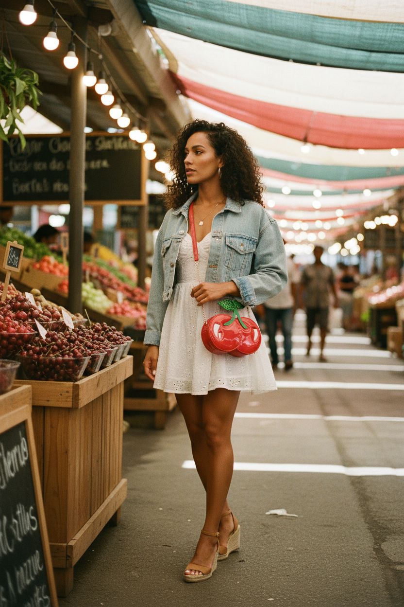 ENJOININ cherry purse featured at a vibrant market, ideal for trendy everyday use.
