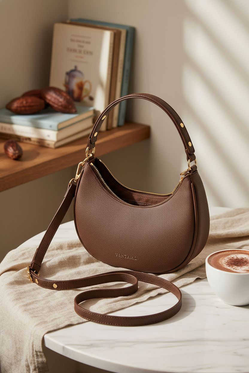Vantamo chocolate handbag on a cozy cafe table, paired with hot chocolate.
