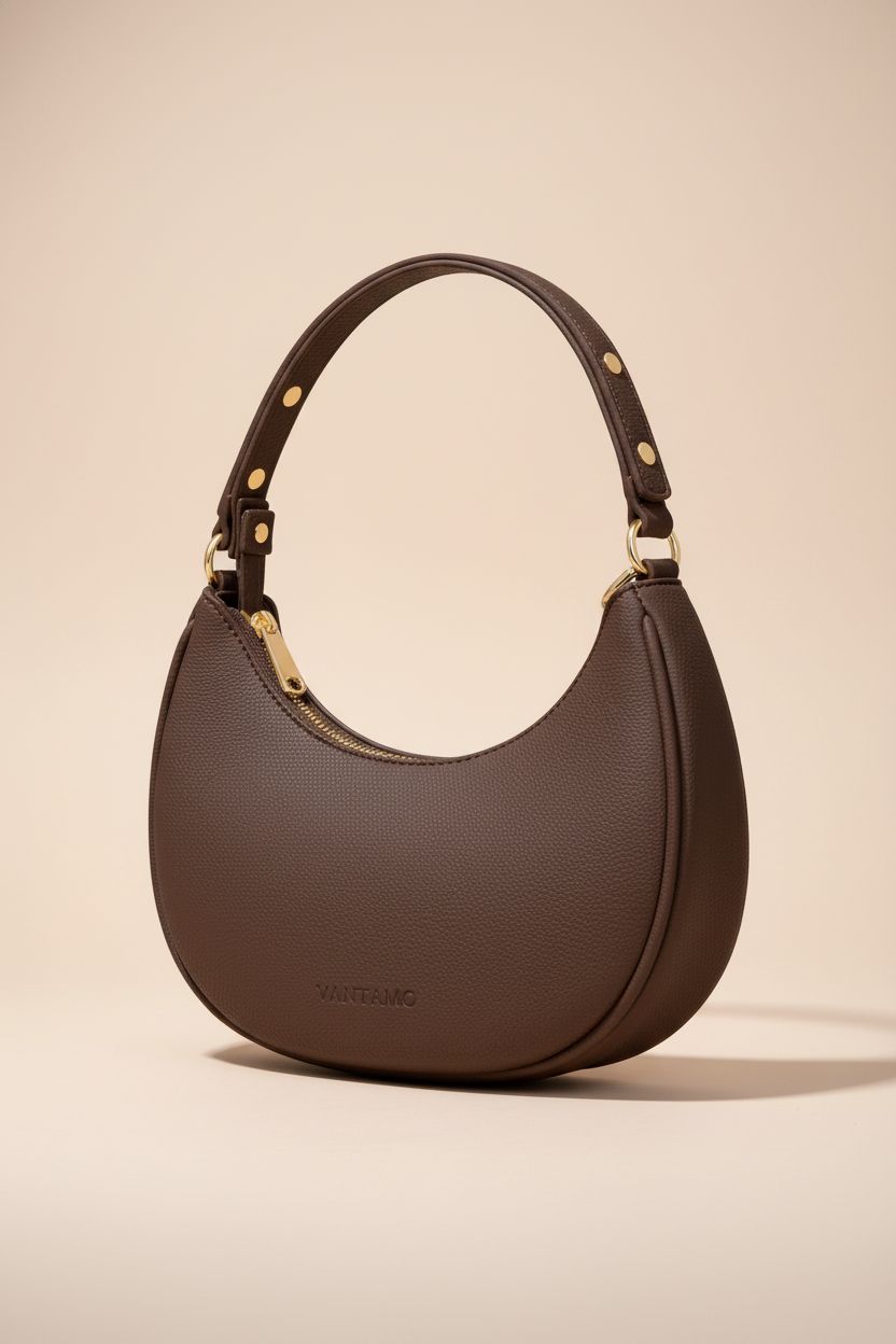 Close-up of Vantamo chocolate handbag showcasing its premium PU leather and design.
