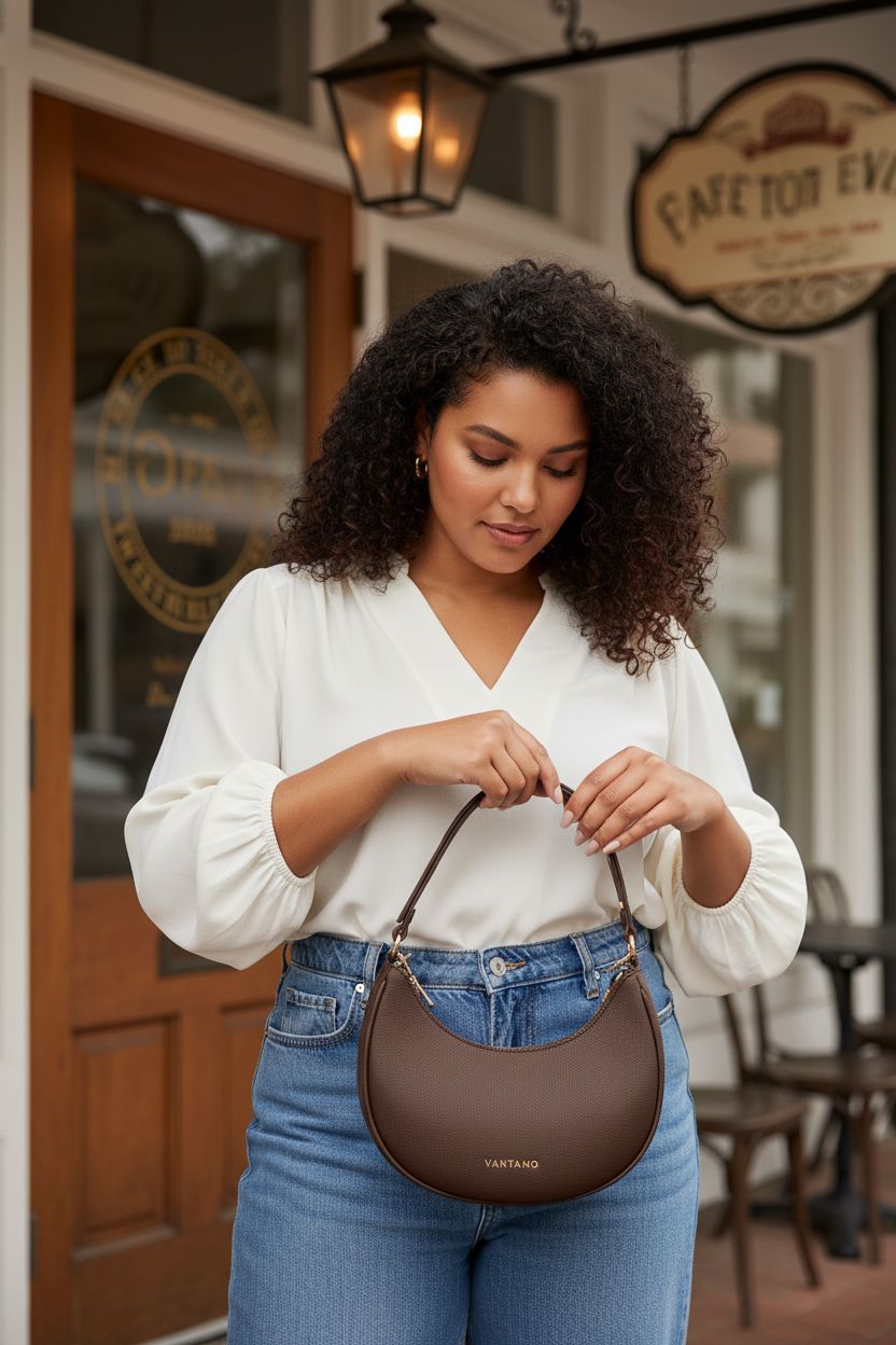 Chocolate brown crescent bag by Vantamo being used in a cafe setting.