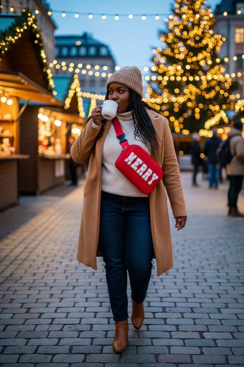 GloxwRiyt red Christmas purse at a holiday market, vibrant design with 'MERRY' embroidery stands out.