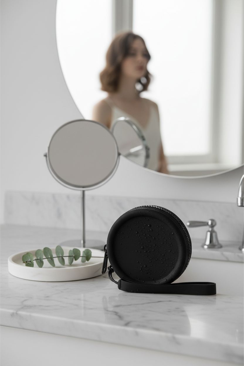 WHHJM black silicone circle bag on elegant bathroom vanity with eucalyptus, highlighting its smooth texture