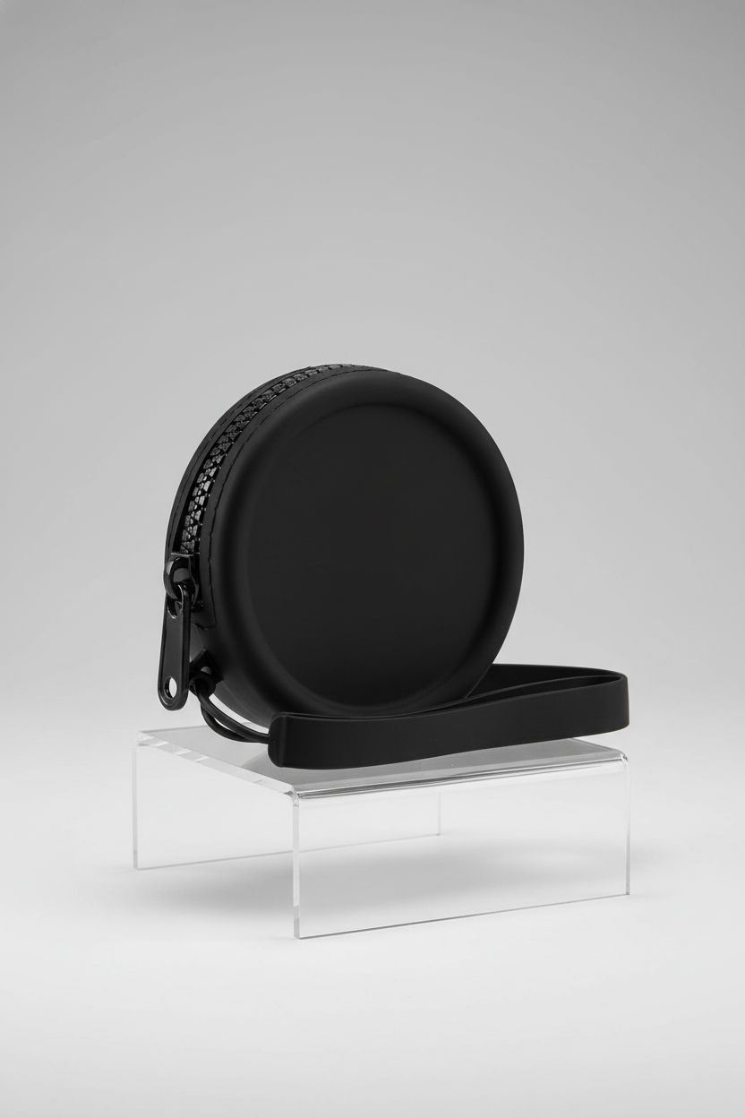 Product shot of WHHJM black silicone circle bag on a clean studio backdrop, emphasizing its sleek design