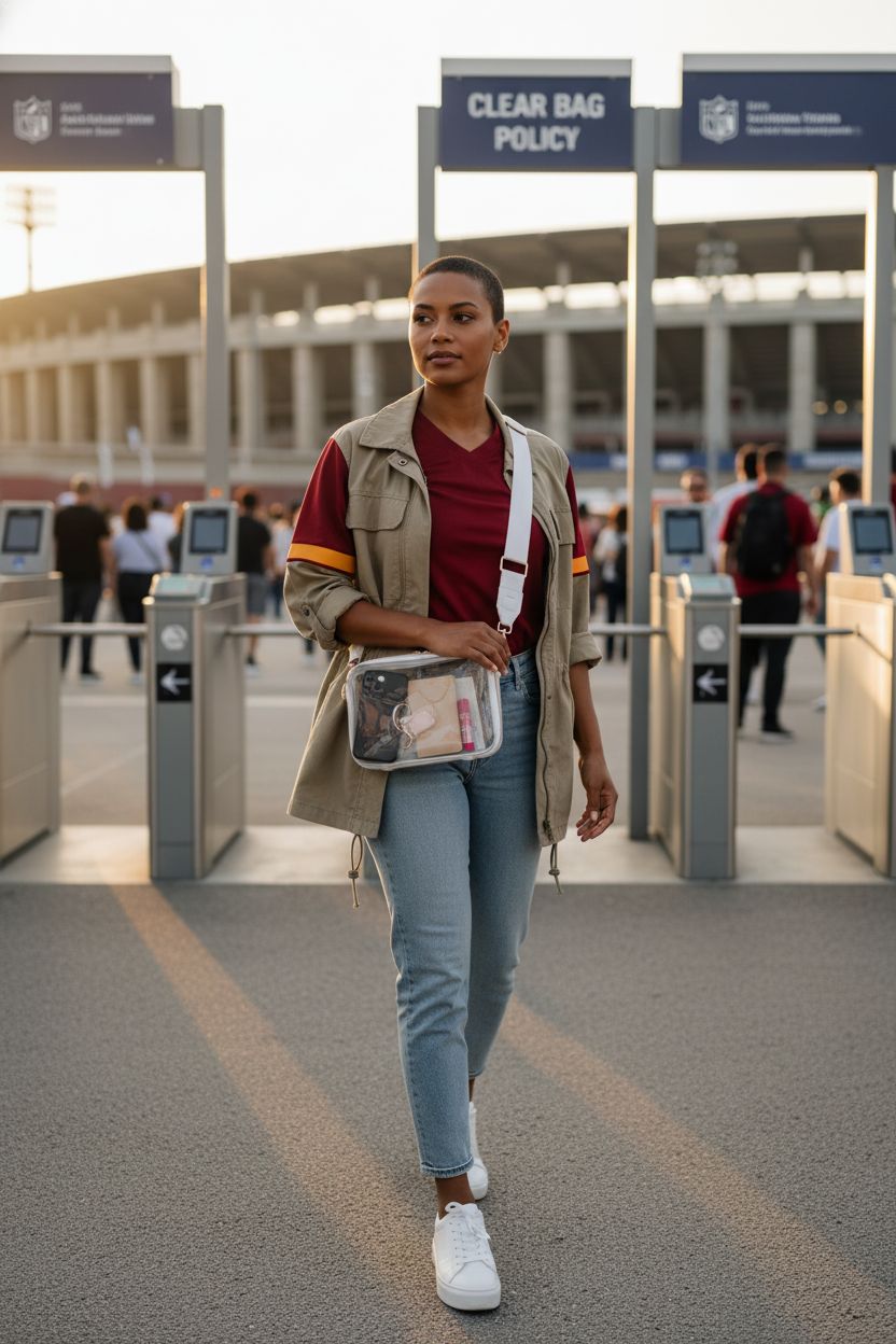 M + L clear stadium clutch, transparent PVC bag at an outdoor event, ideal for game day.