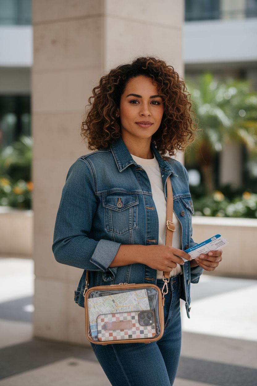 M + L clear crossbody bag showcased with stylish outfit, featuring PVC material and zipper.