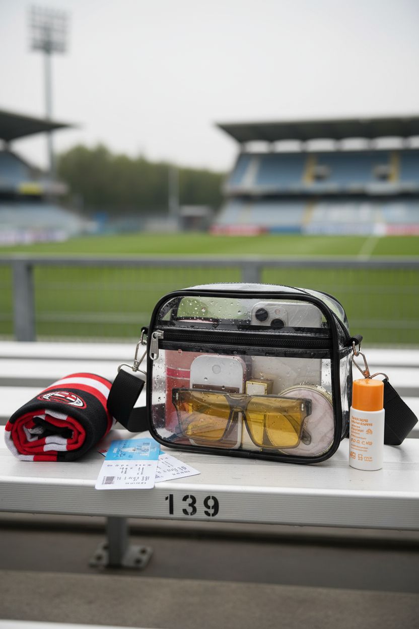 USPECLARE clear PVC bag on bleacher, ready for sporting event essentials.