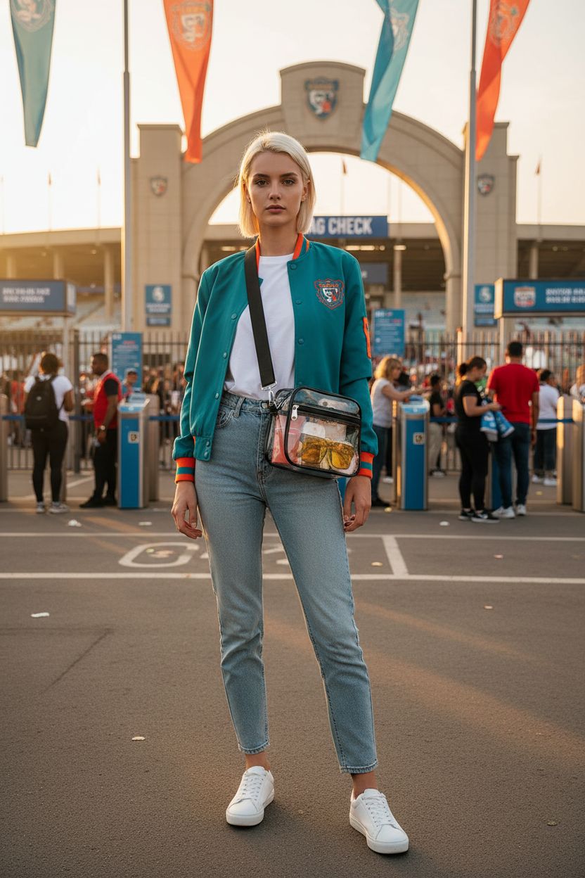 USPECLARE clear plastic purse at stadium entrance, perfect for sporting events.