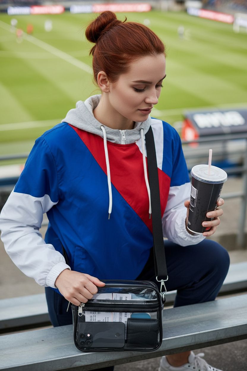 USPECLARE clear crossbody bag showcased mid-game, ideal for sports fans.