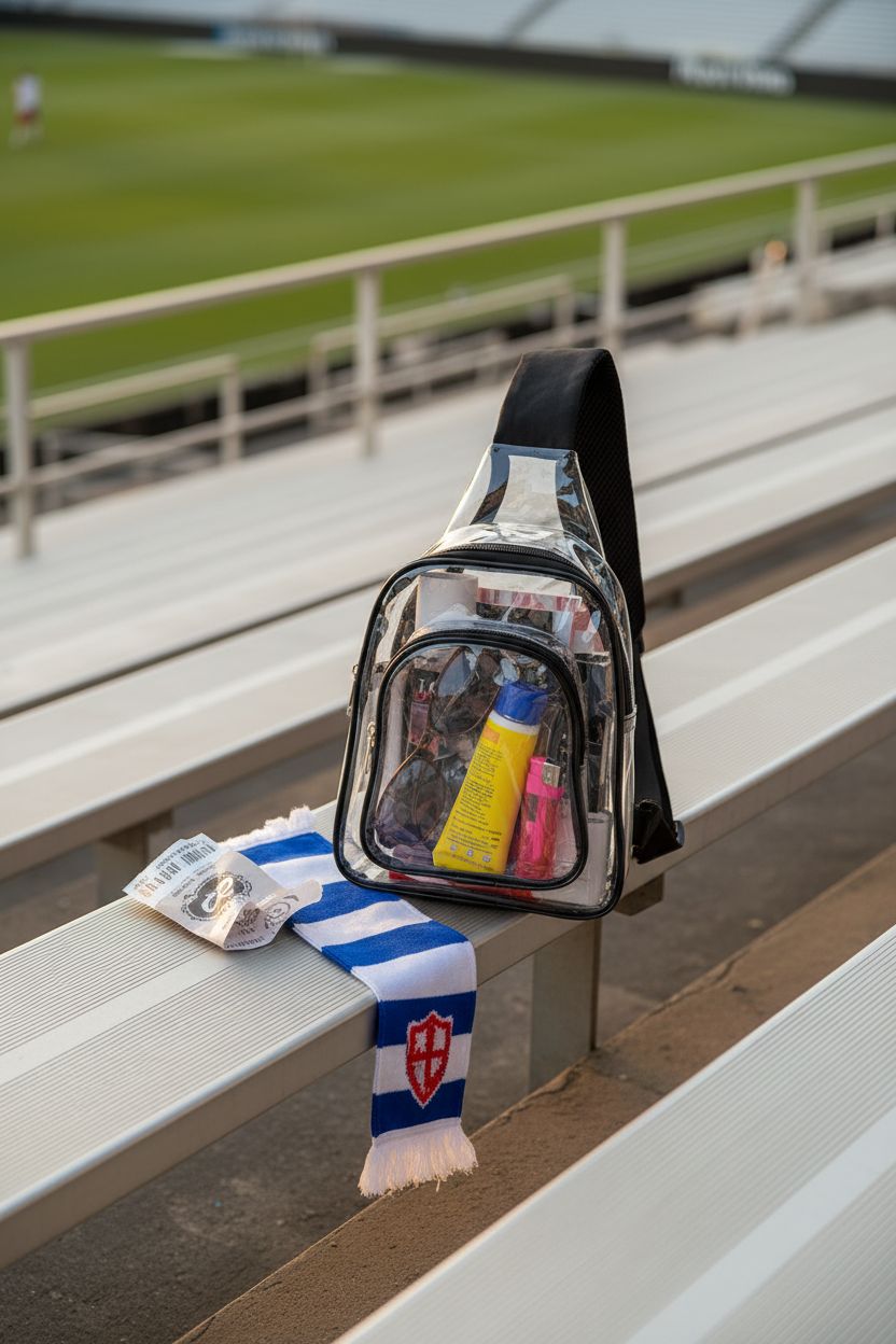 wuxingmeili clear stadium bag on bleachers with ticket and scarf, highlighting its stylish PVC design
