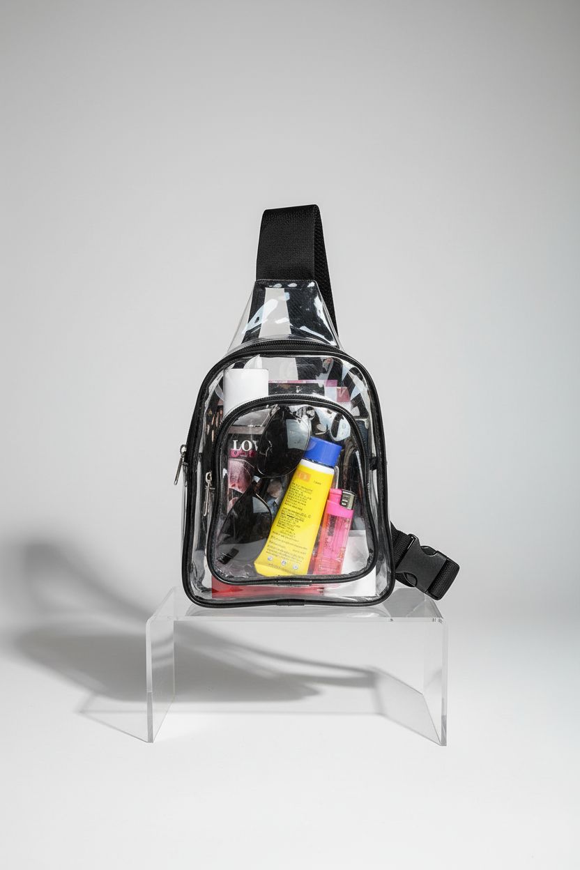 wuxingmeili clear sling bag on acrylic riser, showcasing glossy PVC and adjustable strap features
