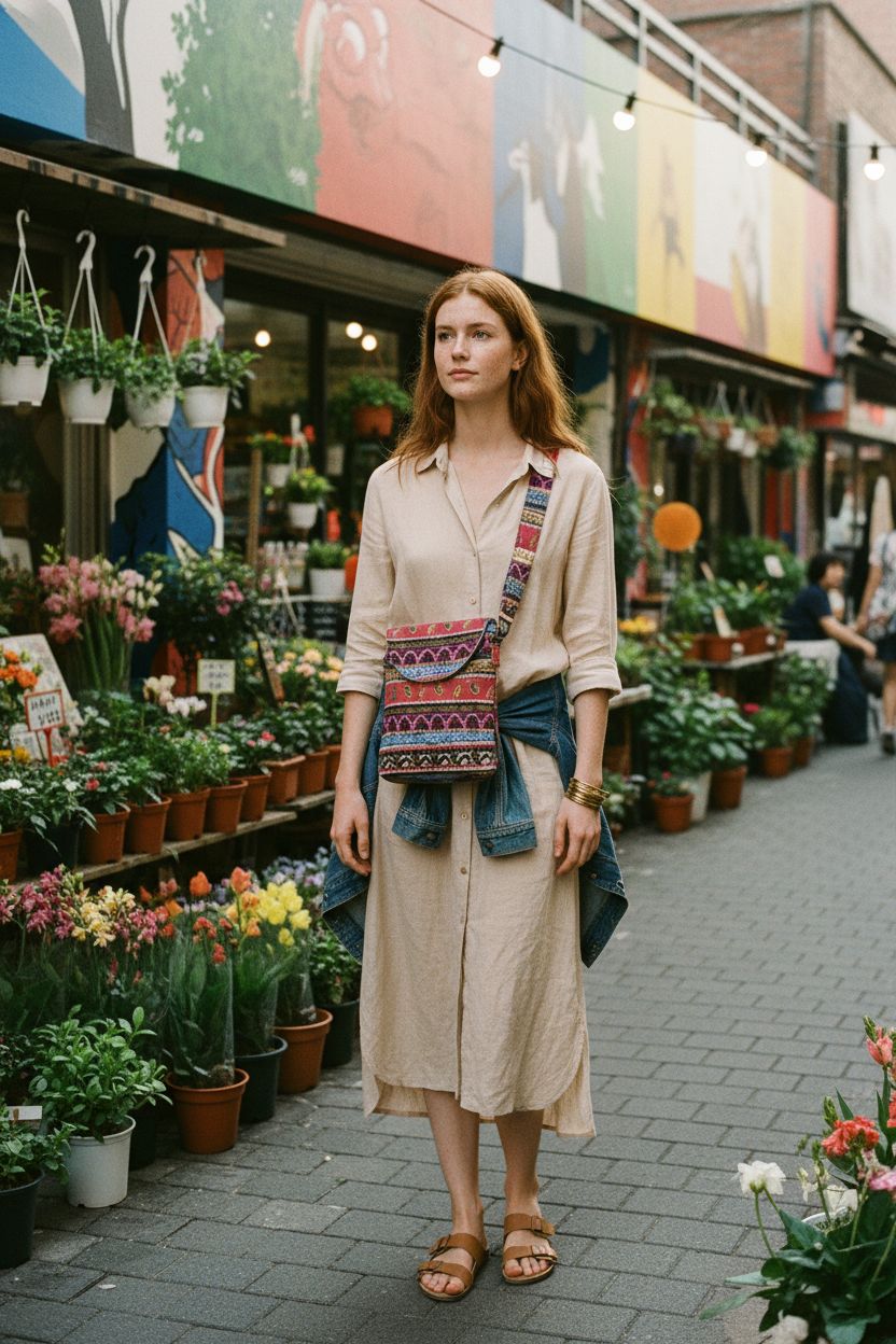 Rose red OPQRSTU crossbody bag in a vibrant market setting, perfect for weekend outings.