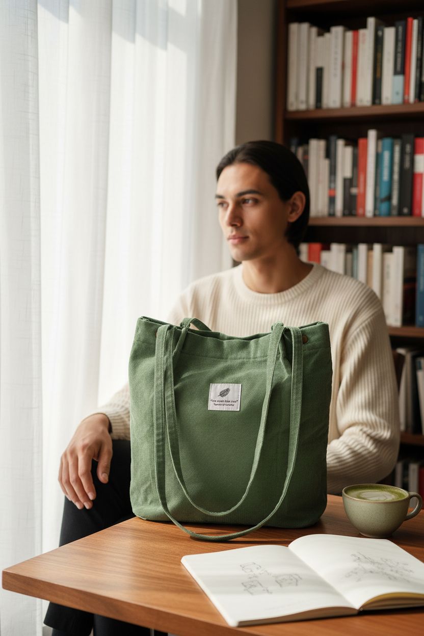 TOPASION matcha green corduroy tote bag beside a cozy café ambiance, highlighting its versatile design.