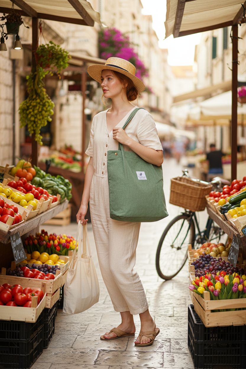 Matcha green corduroy tote bag by TOPASION at a sunny market, showcasing its relaxed silhouette.