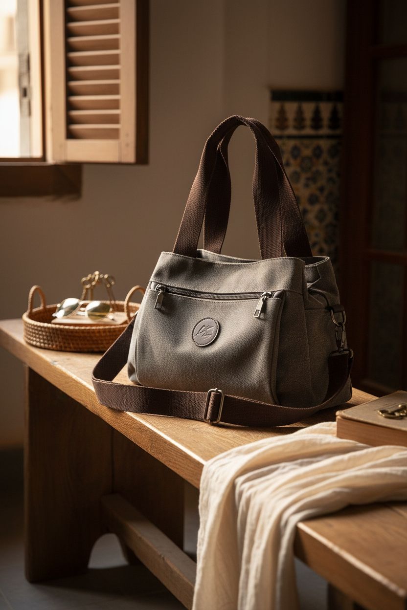 DOURR gray canvas purse displayed on an oak bench with stylish accessories