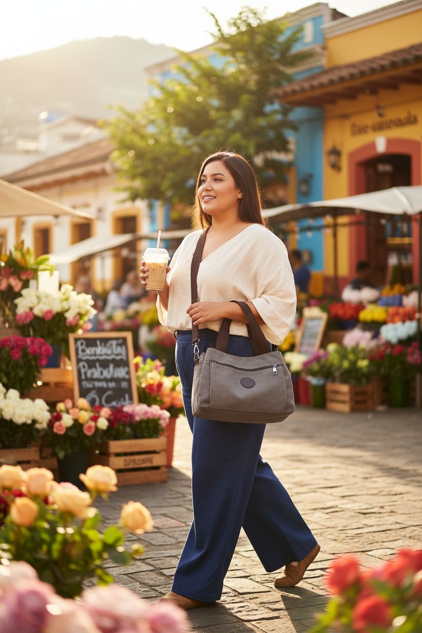 DOURR gray canvas hobo handbag crossbody bag in a vibrant street market setting