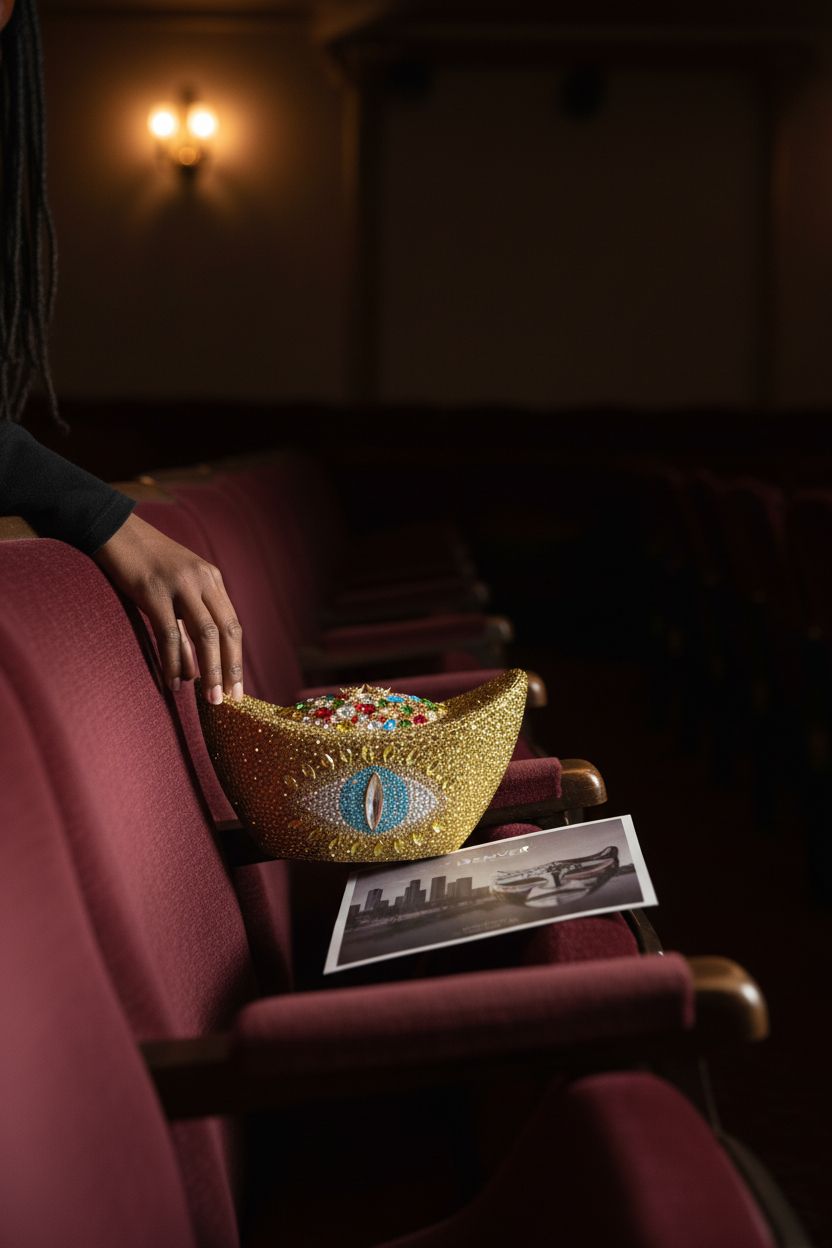 Cozy setting with HUANG ZHUANG gold ingot clutch purse on plush velvet seat, showcasing intricate design