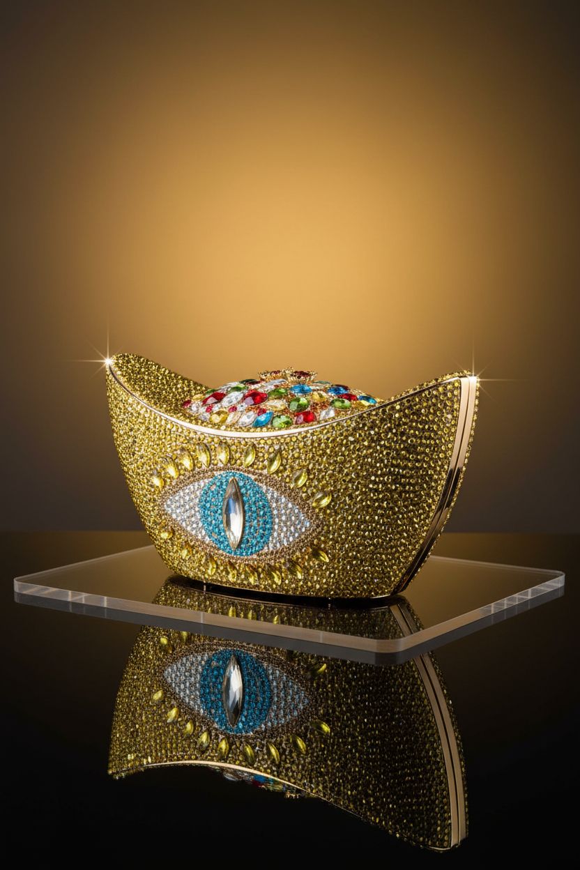 Product image of HUANG ZHUANG gold ingot-shaped clutch purse, featuring crystal details and high-quality finish