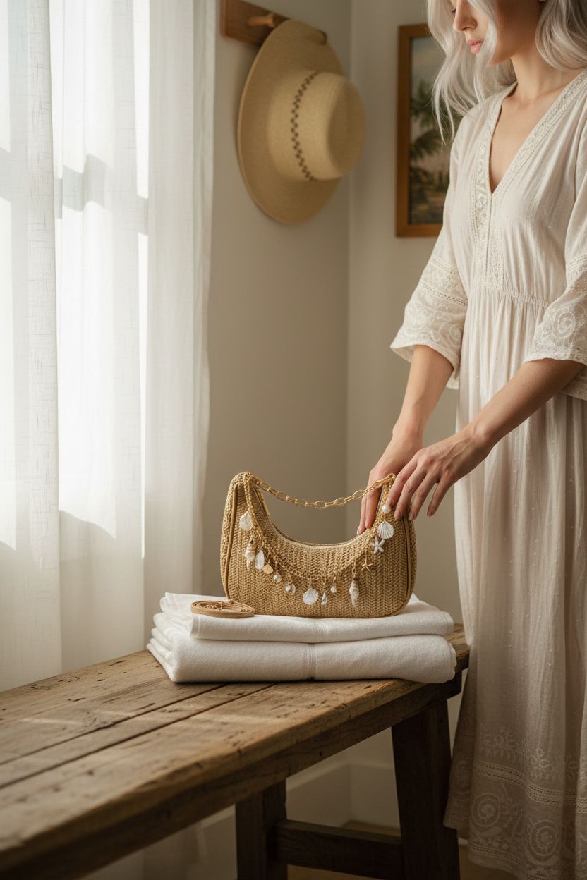 GZIXBDA straw shoulder bag on driftwood bench in beach cottage setting