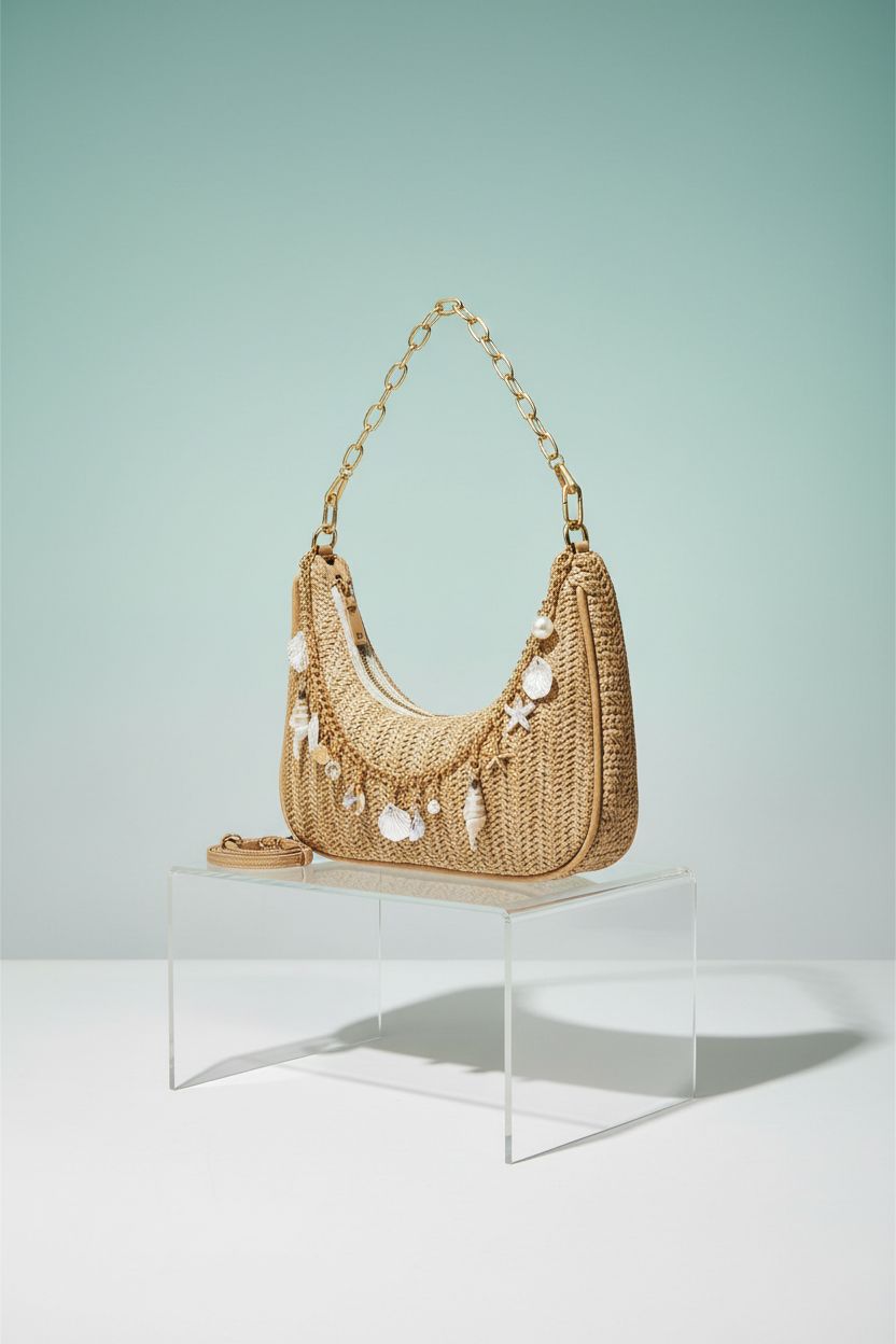 GZIXBDA beach purse showcasing woven straw and gold charms against sea-glass backdrop