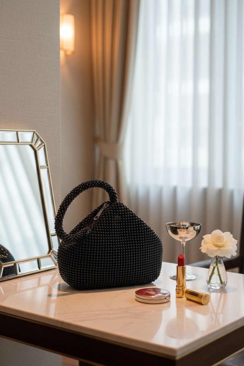 BABEYOND black beaded clutch elegantly positioned in a boutique hotel lounge.