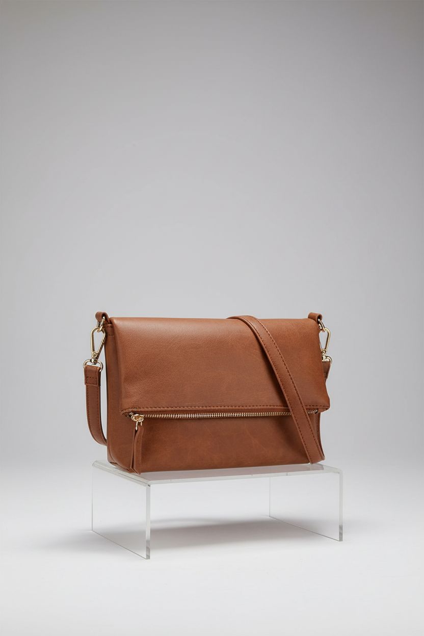 Gladdon cognac crossbody bag showcasing PU leather and gold hardware in a studio setting.